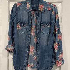 Blank NYC Denim Shirt with Pink Floral Accents